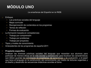 MÓDULO UNO
                              La enseñanza del Español en la RIEB.

o   Enfoque.
     • Las prácticas sociales del lenguaje
     • Mapa curricular
     • Reorganización de contenidos en los programas
     • Temas de reflexión
     • Formas de evaluación
o   La formación basada en competencias
     • Trabajo por comprensión
     • Trabajo por problemas
     • Trabajo por proyectos
o   Tipos y niveles de conocimiento
o   Antecedentes de los programas de español 2011

•   Propósito específico
•   Analicen las diversas prácticas sociales del lenguaje que necesitan sus alumnos para
    participar de manera eficaz en la vida escolar y extraescolar para focalizar las características
    que deben guardar las estrategias de enseñanza, de aprendizaje y de evaluación, y el papel
    que tiene el lenguaje en la construcción del conocimiento; por medio de lecturas sugeridas y
    el diseño y desarrollo de secuencias didácticas acordes al tema.
 