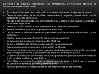En opinión de algun@s especialistas, las competencias profesionales docentes se
evidencian cuando el/la docente:

 Promueve situaciones para que los alumnos desarrollen aprendizajes significativos.
 Centra la atención en la funcionalidad comunicativa - pragmática como medio para la
  apropiación de los contenidos.
 Atiende a las peculiaridades de comunicación oral y escrita según diversos contextos y
  situaciones específicas.
 Define su función / rol en al aula como facilitador, mediador y consultor.
 Presenta modelos y contenidos pragmáticos en el aula.
 Utiliza tareas, actividades y recursos adecuados y suficientemente relacionados con los
  contenidos.
 Diseña y programa específicamente cada secuencia didáctica
 Se preocupa por establecer claramente los objetivos.
 Define y establece los objetivos según criterios de secuenciación.
 Crea un ambiente favorable para la interacción en el aula.
 Prevé una dinámica de grupos que garantice cualitativamente la interacción necesaria
  para la integración activa y participativa de todos los alumnos en el aula.
 La actividad interactiva desarrollada en el aula proporciona práctica suficiente desde el
  punto de vista cualitativo y cuantitativo.
 Ejemplifica y promueve diversidad de situaciones para elegir y decidir sobre opciones
  de contenido y forma (lo que dice y cómo lo dice).
 Acepta y promueve la espontaneidad de las producciones de los alumnos.
 