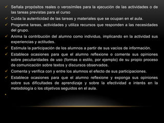  Señala propósitos reales o verosímiles para la ejecución de las actividades o de
  las tareas previstas para el curso
 Cuida la autenticidad de las tareas y materiales que se ocupan en el aula.
 Programa tareas, actividades y utiliza recursos que responden a las necesidades
  del grupo.
 Anima la contribución del alumno como individuo, implicando en la actividad sus
  experiencias y actitudes.
 Estimula la participación de los alumnos a partir de sus vacíos de información.
 Establece ocasiones para que el alumno reflexione o comente sus opiniones
  sobre peculiaridades de uso (formas o estilo, por ejemplo) de su propio proceso
  de comunicación sobre textos y discursos observados.
 Comenta y verifica con y entre los alumnos el efecto de sus participaciones.
 Establece ocasiones para que el alumno reflexione y exponga sus opiniones
  sobre sus dificultades de aprendizaje y sobre la efectividad e interés en la
  metodología o los objetivos seguidos en el aula.
•
 