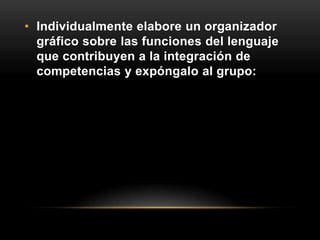 • Individualmente elabore un organizador
  gráfico sobre las funciones del lenguaje
  que contribuyen a la integración de
  competencias y expóngalo al grupo:
 