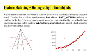 Feature Matching + Homography to find objects
We have seen that there can be some possible errors while matching which may affect the
result. To solve this problem, algorithm uses RANSAC or LEAST_MEDIAN (which can be
decided by the flags). So good matches which provide correct estimation are called inliers
and remaining are called outliers. cv2.findHomography() returns a mask which specifies
the inlier and outlier points.
 