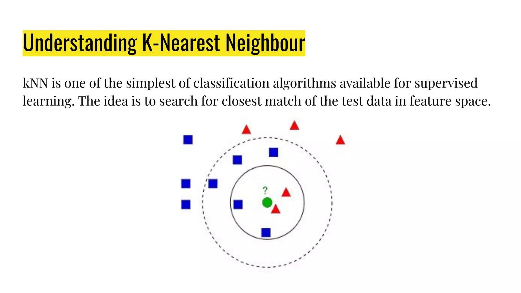 Understanding K-Nearest Neighbour
kNN is one of the simplest of classification algorithms available for supervised
learning. The idea is to search for closest match of the test data in feature space.
 