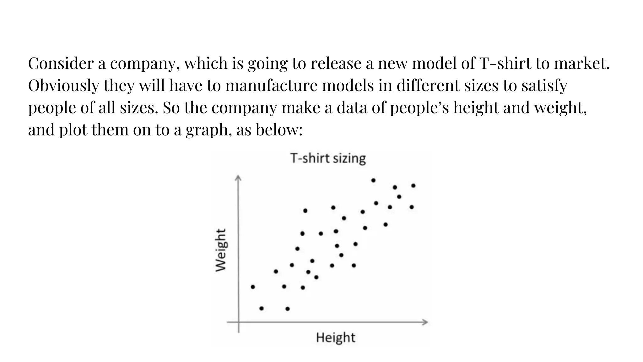 Consider a company, which is going to release a new model of T-shirt to market.
Obviously they will have to manufacture models in different sizes to satisfy
people of all sizes. So the company make a data of people’s height and weight,
and plot them on to a graph, as below:
 