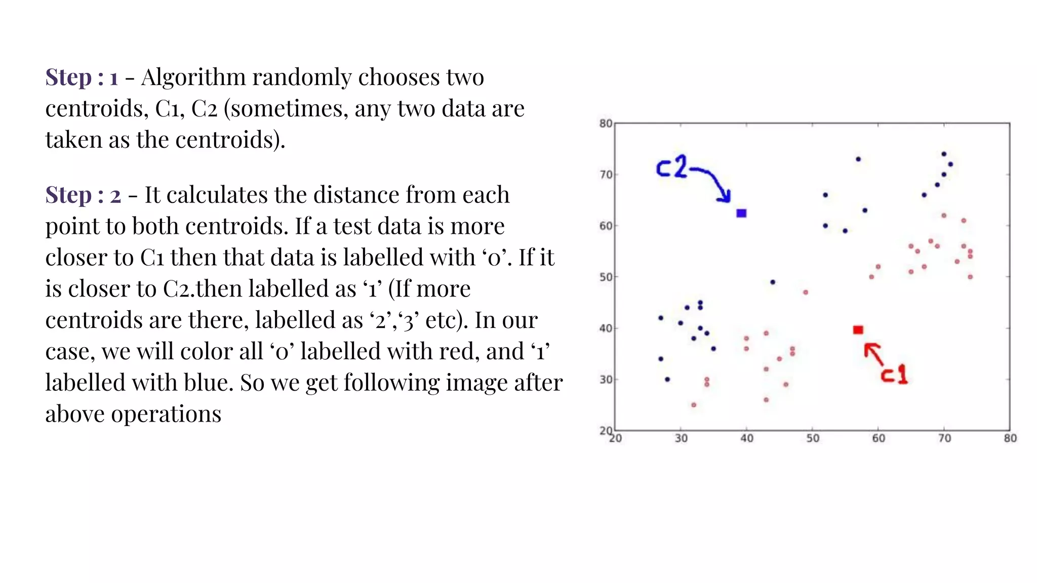 Step : 1 - Algorithm randomly chooses two
centroids, C1, C2 (sometimes, any two data are
taken as the centroids).
Step : 2 - It calculates the distance from each
point to both centroids. If a test data is more
closer to C1 then that data is labelled with ‘0’. If it
is closer to C2.then labelled as ‘1’ (If more
centroids are there, labelled as ‘2’,‘3’ etc). In our
case, we will color all ‘0’ labelled with red, and ‘1’
labelled with blue. So we get following image after
above operations
 