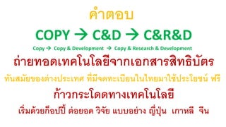 คาตอบ 
COPY  C&D  C&R&D 
Copy  Copy & Development  Copy & Research & Development 
ถ่ายทอดเทคโนโลยีจากเอกสารสิทธิบัตร 
ทันสมัยของต่างประเทศ ที่มีจดทะเบียนในไทยมาใช้ประโยชน์ ฟรี 
ก้าวกระโดดทางเทคโนโลยี 
เริ่มด้วยก็อปปี้ ต่อยอด วิจัย แบบอย่าง ญี่ปุ่น เกาหลี จีน 
 