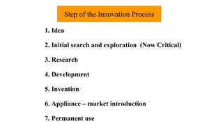 Step of the Innovation Process 
1. Idea 
2. Initial search and exploration (Now Critical) 
3. Research 
4. Development 
5. Invention 
6. Appliance – market introduction 
7. Permanent use 
 