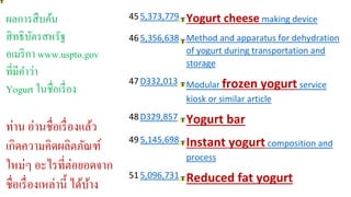 45 5,373,779 
Yogurt cheese making device 
46 5,356,638 
Method and apparatus for dehydration 
of yogurt during transportation and 
storage 
47 D332,013 
Modular frozen yogurt service 
kiosk or similar article 
48 D329,857 
Yogurt bar 
49 5,145,698 
Instant yogurt composition and 
process 
51 5,096,731 
Reduced fat yogurt 
ผลการสืบค้น 
สิทธิบัตรสหรัฐ 
อเมริกา www.uspto.gov 
ที่มีคา ว่า 
Yogurt ในชื่อเรื่อง 
ท่าน อ่านชื่อเรื่องแล้ว 
เกิดความคิดผลิตภัณฑ์ 
ใหม่ๆ อะไรที่ต่อยอดจาก 
ชื่อเรื่องเหล่านี้ ได้บ้าง 
 