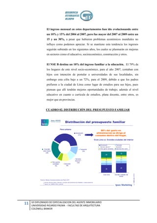 El ingreso mensual en estos departamentos han ido evolucionando entre
                 un 10% y 15% del 2004 al 2007, pero fue mayor del 2007 al 2009 entre un
                 15 y un 30%, a pesar que hubieron problemas económicos mundiales no
                 influyo como podemos apreciar. Si se mantiene esta tendencia los ingresos
                 seguirán subiendo en los siguientes años, los cuales se plasmarán en mejoras
                 en sectores como el educativo, socioeconómico, construcción y otros.


                 El NSE B destina un 10% del ingreso familiar a la educación. El 79% de
                 los hogares de este nivel socio-económico, para el año 2007, contaban con
                 hijos con intención de postular a universidades de sus localidades, sin
                 embargo esta cifra bajo a un 72%, para el 2009, debido a que los padres
                 prefieren a la ciudad de Lima como lugar de estudios para sus hijos, pues
                 piensan que allí tendrán mejores oportunidades de trabajo; además el nivel
                 educativo en cuanto a curricula de estudios, plana docente, entre otros, es
                 mejor que en provincias.


                CUADRO 02. DISTRIBUCIÓN DEL PRESUPUESTO FAMILIAR




     VII DIPLOMADO DE ESPECIALIZACION DEL AGENTE INMOBILIARIO
11   UNIVERSIDAD RICARDO PALMA - FACULTAD DE ARQUITECTURA
     COLDWELL BANKER
 