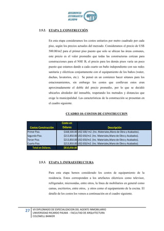 2.5.2. ETAPA 2: CONSTRUCCIÓN


                 En esta etapa consideramos los costos unitarios por metro cuadrado por cada
                 piso, según los precios actuales del mercado. Consideramos el precio de US$
                 500.00/m2 para el primer piso puesto que solo se ubican las áreas comunes,
                 este precio es el valor promedio que todas las constructoras cotizan para
                 construcciones para el NSE B, el precio para los demás pisos varía un poco
                 puesto que estamos dando a cada cuarto un baño independiente con sus redes
                 sanitaria y eléctricas conjuntamente con el equipamiento de los baños (water,
                 duchas, lavatorios, etc.). Se pensó en un comienzo hacer sótanos para los
                 estacionamientos, sin embargo los costos que conllevan estos eran
                 aproximadamente el doble del precio promedio, por lo que se decidió
                 ubicarlos alrededor del inmueble, respetando los metrados y distancias que
                 exige la municipalidad. Las características de la construcción se presentan en
                 el cuadro siguiente.


                               CUADRO 10: COSTOS DE CONSTRUCCION




         2.5.3. ETAPA 3: INFRAESTRUCTURA


                 Para esta etapa hemos considerado los costos de equipamiento de la
                 residencia. Estos corresponden a los artefactos eléctricos como televisor,
                 refrigerador, microondas, entre otros, la línea de mobiliarios en general como
                 camas, escritorios, entre otros, y otros como el equipamiento de la cocina. El
                 detalle de los costos los vemos a continuación en el cuadro siguiente.




     VII DIPLOMADO DE ESPECIALIZACION DEL AGENTE INMOBILIARIO
27   UNIVERSIDAD RICARDO PALMA - FACULTAD DE ARQUITECTURA
     COLDWELL BANKER
 