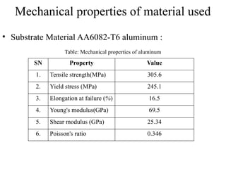 Mechanical properties of material used
• Substrate Material AA6082-T6 aluminum :
SN Property Value
1. Tensile strength(MPa) 305.6
2. Yield stress (MPa) 245.1
3. Elongation at failure (%) 16.5
4. Young's modulus(GPa) 69.5
5. Shear modulus (GPa) 25.34
6. Poisson's ratio 0.346
Table: Mechanical properties of aluminum
 