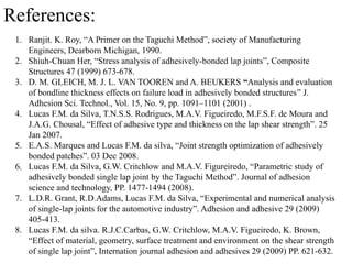 References:
1. Ranjit. K. Roy, “A Primer on the Taguchi Method”, society of Manufacturing
Engineers, Dearborn Michigan, 1990.
2. Shiuh-Chuan Her, “Stress analysis of adhesively-bonded lap joints”, Composite
Structures 47 (1999) 673-678.
3. D. M. GLEICH, M. J. L. VAN TOOREN and A. BEUKERS “Analysis and evaluation
of bondline thickness effects on failure load in adhesively bonded structures” J.
Adhesion Sci. Technol., Vol. 15, No. 9, pp. 1091–1101 (2001) .
4. Lucas F.M. da Silva, T.N.S.S. Rodrigues, M.A.V. Figueiredo, M.F.S.F. de Moura and
J.A.G. Chousal, “Effect of adhesive type and thickness on the lap shear strength”. 25
Jan 2007.
5. E.A.S. Marques and Lucas F.M. da silva, “Joint strength optimization of adhesively
bonded patches”. 03 Dec 2008.
6. Lucas F.M. da Silva, G.W. Critchlow and M.A.V. Figureiredo, “Parametric study of
adhesively bonded single lap joint by the Taguchi Method”. Journal of adhesion
science and technology, PP. 1477-1494 (2008).
7. L.D.R. Grant, R.D.Adams, Lucas F.M. da Silva, “Experimental and numerical analysis
of single-lap joints for the automotive industry”. Adhesion and adhesive 29 (2009)
405-413.
8. Lucas F.M. da silva. R.J.C.Carbas, G.W. Critchlow, M.A.V. Figueiredo, K. Brown,
“Effect of material, geometry, surface treatment and environment on the shear strength
of single lap joint”, Internation journal adhesion and adhesives 29 (2009) PP. 621-632.
 