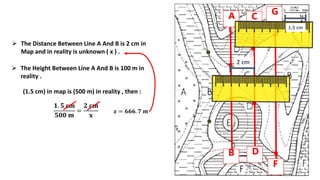 A
B
C
D
F
G
2 cm
 The Distance Between Line A And B is 2 cm in
Map and in reality is unknown ( x ) .
 The Height Between Line A And B is 100 m in
reality .
1.5 cm
(1.5 cm) in map is (500 m) in reality , then :
𝟏. 𝟓 𝐜𝐦
𝟓𝟎𝟎 𝐦
=
𝟐 𝐜𝐦
𝐱
𝒙 = 𝟔𝟔𝟔. 𝟕 𝒎
 