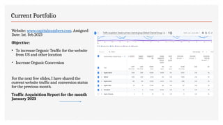 Current Portfolio
Website: www.capitalnumbers.com. Assigned
Date: 1st. Feb.2023
Objective:
• To increase Organic Traffic for the website
from US and other location
• Increase Organic Conversion
For the next few slides, I have shared the
current website traffic and conversion status
for the previous month.
Traffic Acquisition Report for the month
January 2023
 