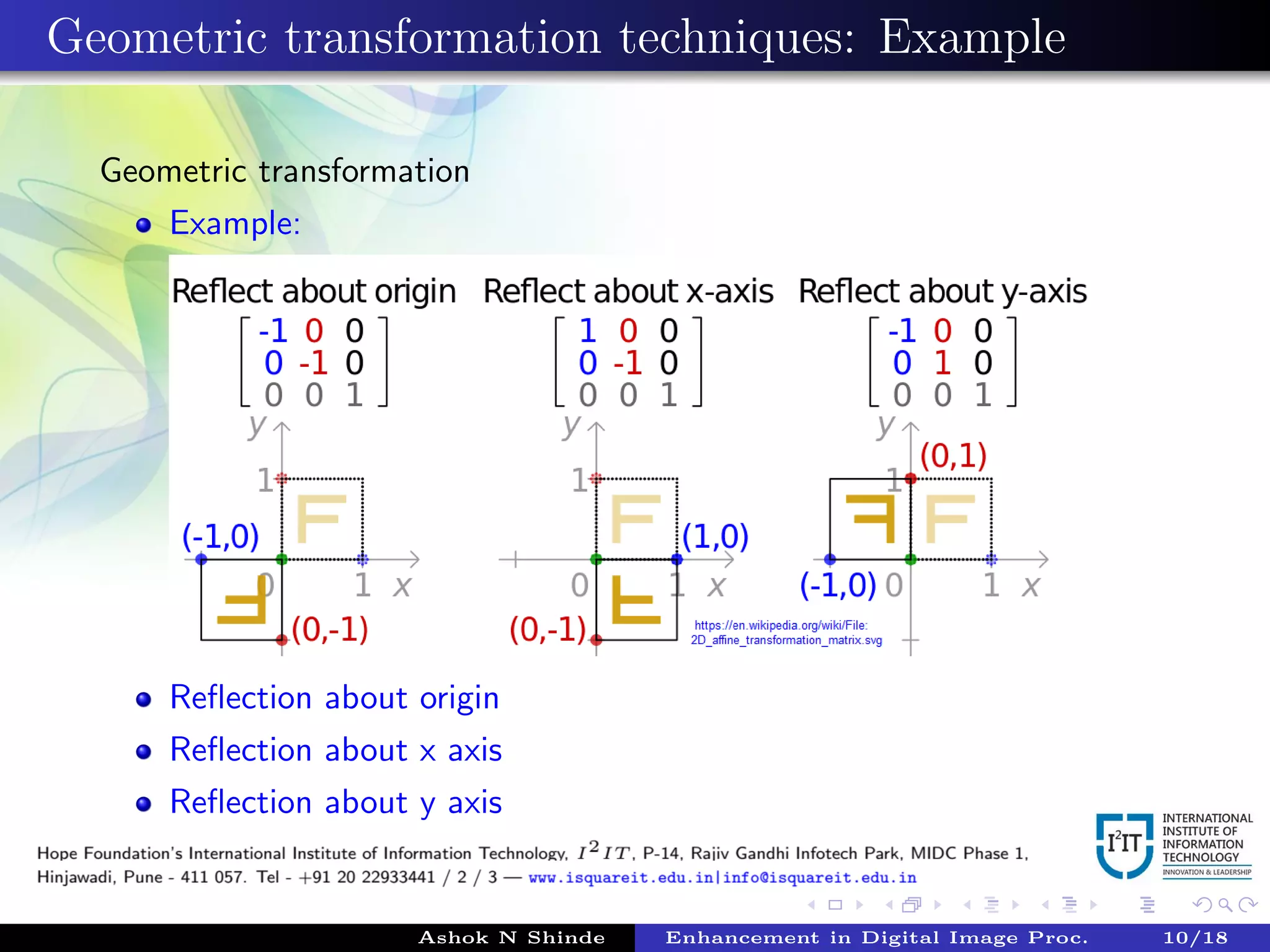 Geometric transformation techniques: Example
Geometric transformation
Example:
Reﬂection about origin
Reﬂection about x axis
Reﬂection about y axis
Ashok N Shinde Enhancement in Digital Image Proc. 10/18
 