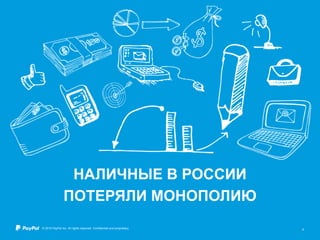 © 2015 PayPal Inc. All rights reserved. Confidential and proprietary. 9
НАЛИЧНЫЕ В РОССИИ
ПОТЕРЯЛИ МОНОПОЛИЮ
 