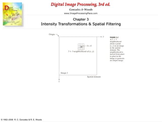 Digital Image Processing, 3rd ed.
www.ImageProcessingPlace.com
© 1992–2008 R. C. Gonzalez & R. E. Woods
Gonzalez & Woods
Chapter 3
Intensity Transformations & Spatial Filtering
 