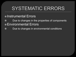  Instrumental   Errors
    Due to changes in the properties of components
 Environmental    Errors
    Due to changes in environmental conditions
 