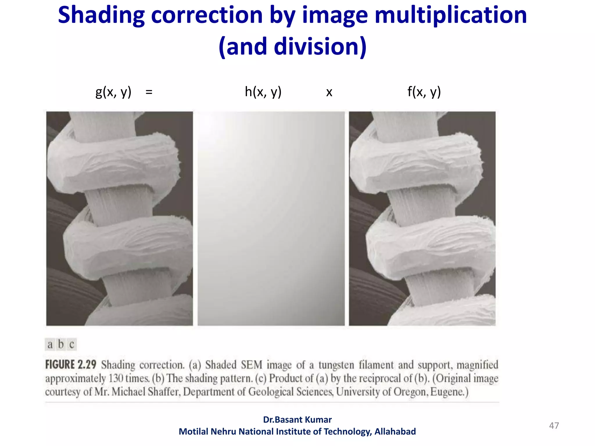 Shading correction by image multiplication
(and division)
47
Dr.Basant Kumar
Motilal Nehru National Institute of Technology, Allahabad
g(x, y) = h(x, y) x f(x, y)
 