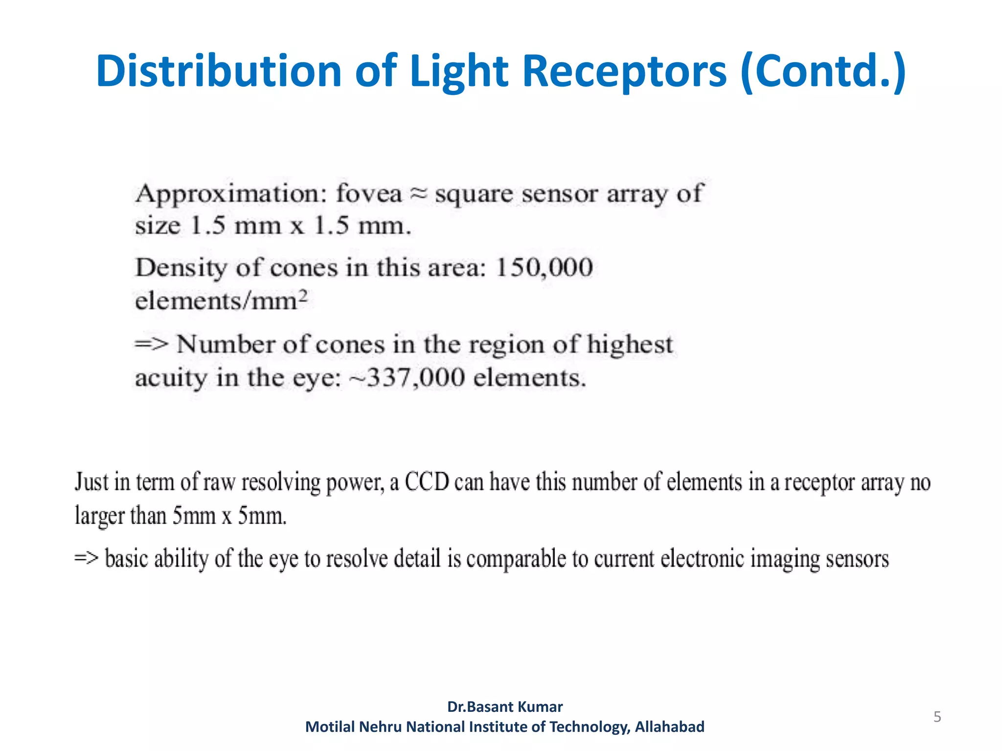 Distribution of Light Receptors (Contd.)
Dr.Basant Kumar
Motilal Nehru National Institute of Technology, Allahabad
5
 