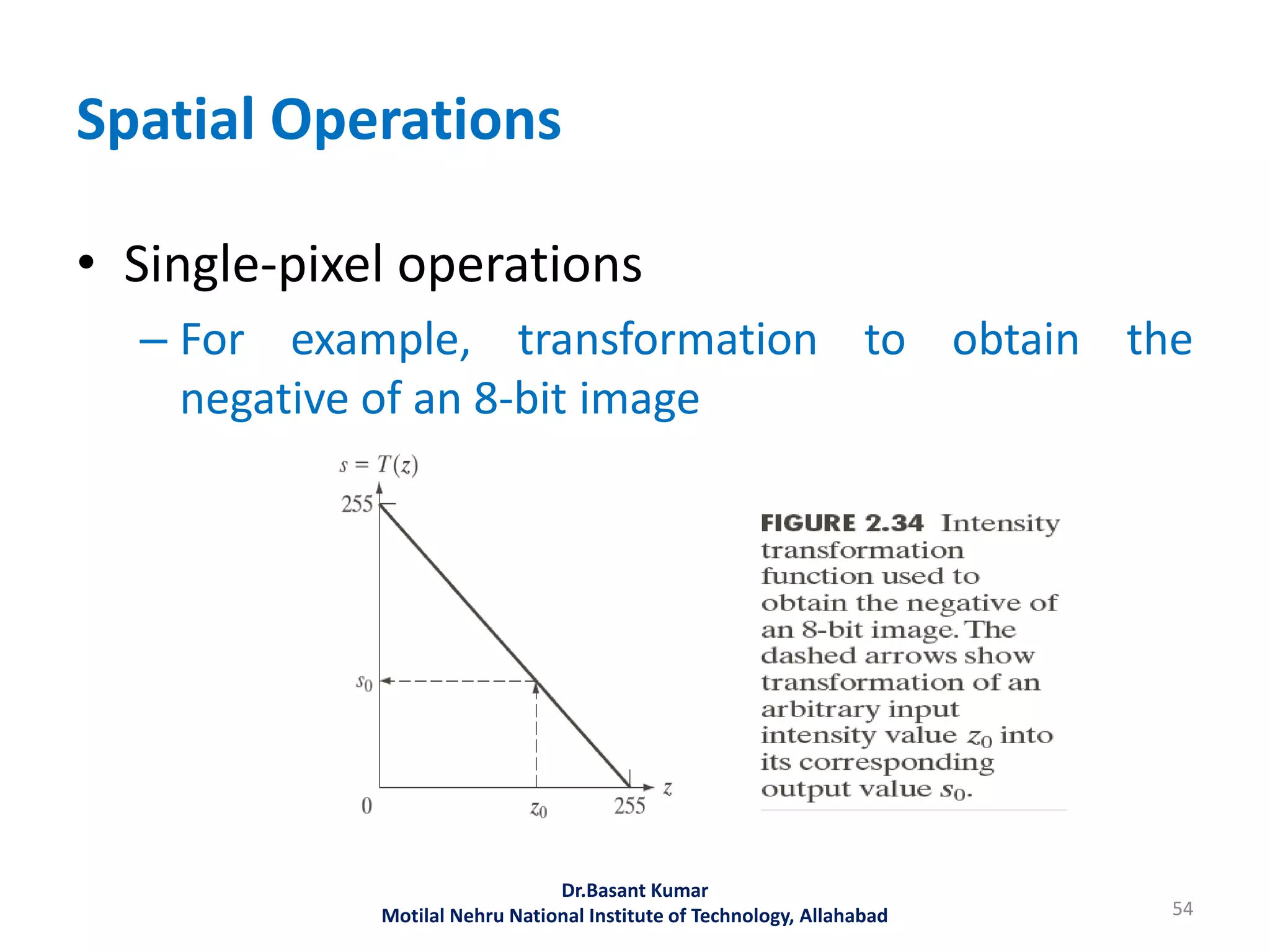 Spatial Operations
• Single-pixel operations
– For example, transformation to obtain the
negative of an 8-bit image
54
Dr.Basant Kumar
Motilal Nehru National Institute of Technology, Allahabad
 