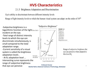HVS Characteristics
Dr.Basant Kumar
Motilal Nehru National Institute of Technology, Allahabad
7
-Subjective brightness is a
logarithmic function of the light
incident on the eye.
-Total range of distinct intensity
levels to which the eye can
discriminate simultaneously, is
small compared to the total
adaptation range.
-Current sensitivity of a visual
system is called the brightness
adaptation levels .
- At Ba adaptation level ,
intersecting curve represents the
range of subjective brightness
that eye can perceive
 