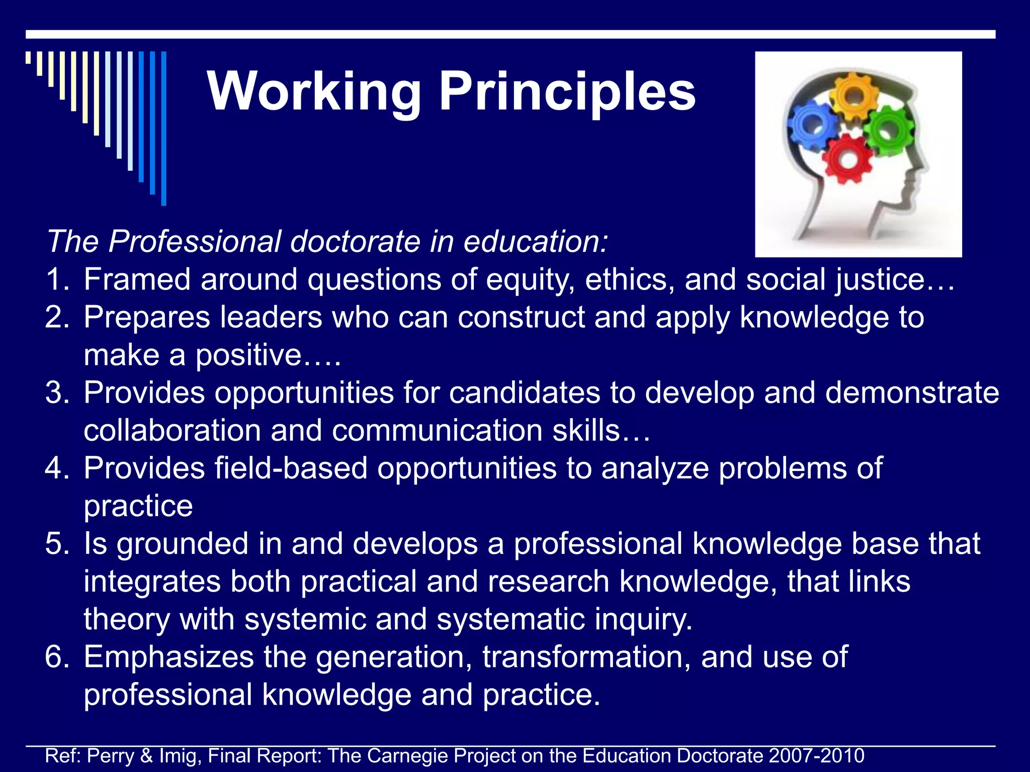 Working Principles
The Professional doctorate in education:
1. Framed around questions of equity, ethics, and social justice…
2. Prepares leaders who can construct and apply knowledge to
make a positive….
3. Provides opportunities for candidates to develop and demonstrate
collaboration and communication skills…
4. Provides field-based opportunities to analyze problems of
practice
5. Is grounded in and develops a professional knowledge base that
integrates both practical and research knowledge, that links
theory with systemic and systematic inquiry.
6. Emphasizes the generation, transformation, and use of
professional knowledge and practice.
Ref: Perry & Imig, Final Report: The Carnegie Project on the Education Doctorate 2007-2010

 