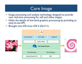 Core Image
	

•  Image processing and analysis technology designed to provide
near real-time processing for still and video images. 	

•  Hides the details of low-level graphics processing by providing an
easy-to-use API.	

•  Brought into iOS since iOS 5 (Oct'11)	


 