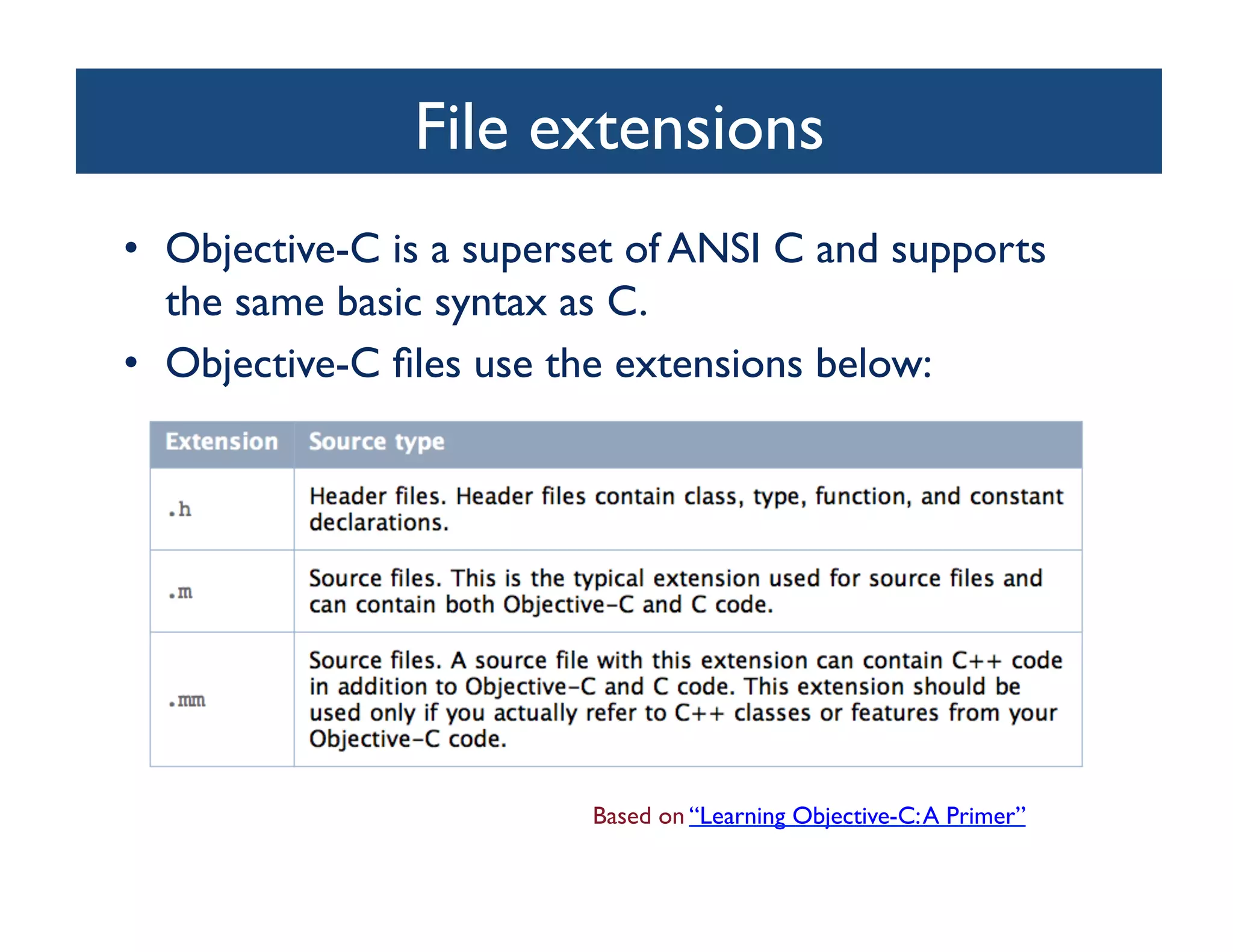 File extensions	

•  Objective-C is a superset of ANSI C and supports
   the same basic syntax as C. 	

•  Objective-C ﬁles use the extensions below:	





                         Based on “Learning Objective-C: A Primer”	

 