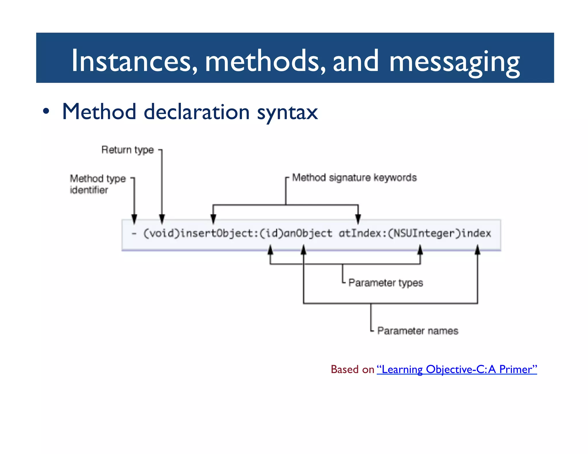 Instances, methods, and messaging	

•  Method declaration syntax	





                                  Based on “Learning Objective-C: A Primer”	

 