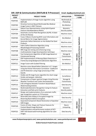 DIP, DSP & Communication [MATLAB & TI Processor] Email: dsp@pantechmail.com

PSDIP302
PSDIP303
PSDIP304
PSDIP305
PSDIP306
PSDIP307
PSDIP308
PSDIP309
PSDIP310
PSDIP311

PSDIP312

PSDIP313
PSDIP314
PSDIP315
PSDIP316
PSDIP317
PSDIP318
PSDIP319
PSDIP320
PSDIP321

Implementation of Image Fusion algorithm using
MATLAB
Directive Contrast Based Multimodal Bio-Medical
Image Fusion in NSCT Domain
Robust Face Representation Using Hybrid Spatial
Feature Interdependence Matrix
Automatic License Plate Recognition (ALPR): A Stateof-the-Art Review
Fuzzy C-Means Clustering With Local Information and
Kernel Metric for Image Segmentation
Automatic Defect Detection on Hot-Rolled Flat Steel
Products
Fabric Defect Detection Algorithm Using
Morphological Processing and DCT
MR image de-noising and enhancing Using
multiresolution image Decomposition technique
Fast Compression Algorithm of SAR Image Based on
Compressed Sensing
DSP Implementation of Moving Object Detection in
Frames by Using Background Subtraction Algorithm
Image Fusion with Guided Filtering
Machine vision-Based Defect Detection in IC Images
Using the Partial Information Correlation Coefficient
and Pit Detection using image processing in PCB
boards
Visible and IR image fusion algorithm for short range
Smoke and weapon detection
Compression of Hyper spectral Images Using Discrete
Wavelet Transform and Tucker Decomposition
A Bi orthogonal Wavelet Transform Based Robust
Watermarking Scheme
Multimodal Biometric Recognition Using Iris Feature
Extraction and Palm print Features
Design and implementation of an automatic traffic
sign recognition system on TI Processor
Reversible Data Hiding in Encrypted Images by
Reserving Room Before Encryption
Separated Component-Based Restoration of Speckled
SAR Images
Fusion of Color, Shape and Texture Features for
Content Based Image Retrieval
Implementation and performance analysis of DCTDWT-SVD based watermarking algorithms for color
images

APPLICATION

TECHNOLOGY
/ CORE

Multimedia &
Photoshop
Bio-Medical
Biometric
Security system
Machine vision
Bio-Medical
Machine vision
Machine vision
Machine vision
Storage &
Transmission
Surveillance
Bio-Medical

Machine vision

Surveillance

IEEE 2013
TMS320C6745|Interfacing|Wireless|Sensor Application
Digital Image Processing

PSDIP301

PROJECT THEME

Storage &
Transmission
Data Security
Biometric
Security system
Machine vision
Data Security
Machine vision
Neuro
computing
Data Security

www.finalyearieeeprojects.com| www.pantechsolutions.net | www.pantechproed.com
©2013 Pantech ProEd Private Limited

IEEE 2013
ADSPBF532Processor
Image Processing

PROJECT
CODE

7

 