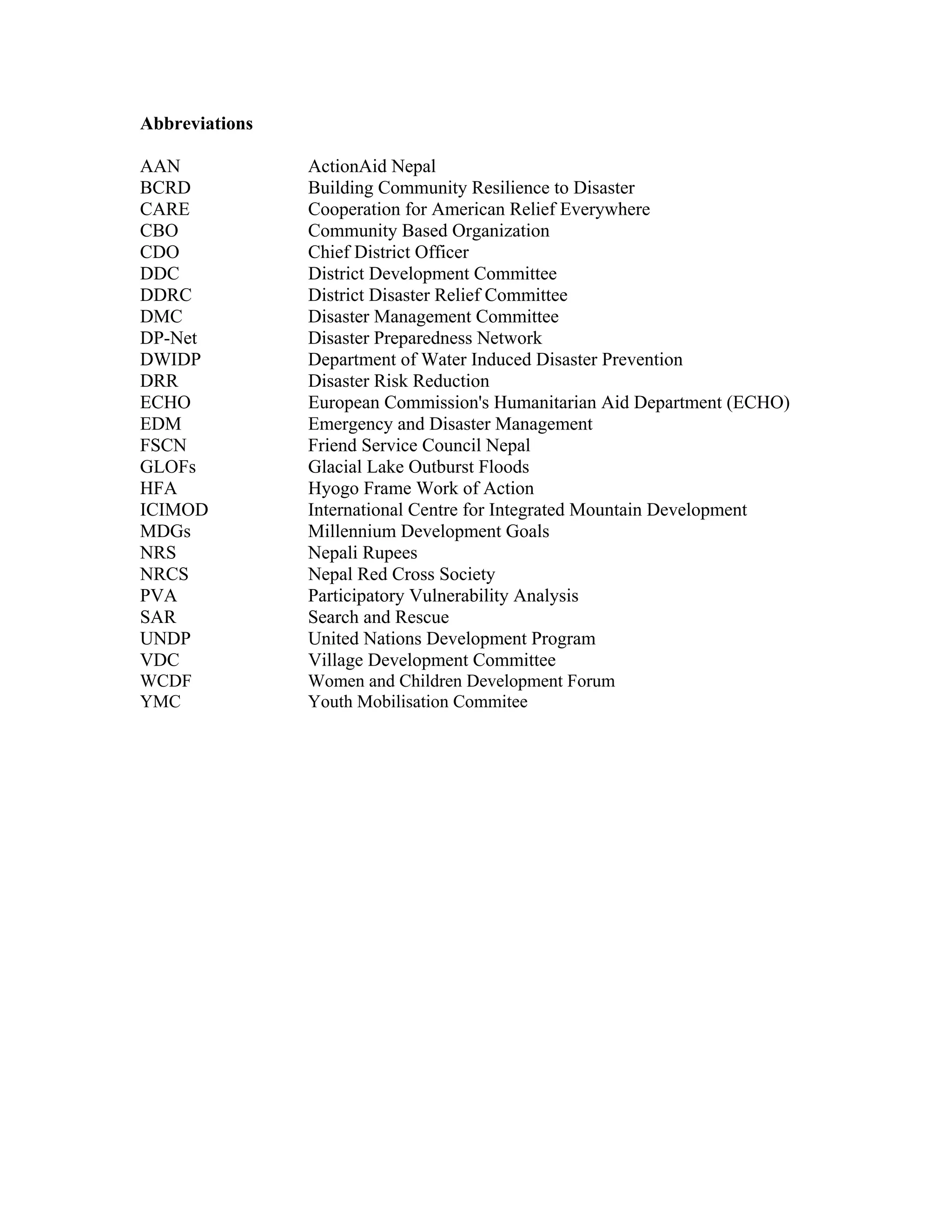 Abbreviations

AAN             ActionAid Nepal
BCRD            Building Community Resilience to Disaster
CARE            Cooperation for American Relief Everywhere
CBO             Community Based Organization
CDO             Chief District Officer
DDC             District Development Committee
DDRC            District Disaster Relief Committee
DMC             Disaster Management Committee
DP-Net          Disaster Preparedness Network
DWIDP           Department of Water Induced Disaster Prevention
DRR             Disaster Risk Reduction
ECHO            European Commission's Humanitarian Aid Department (ECHO)
EDM             Emergency and Disaster Management
FSCN            Friend Service Council Nepal
GLOFs           Glacial Lake Outburst Floods
HFA             Hyogo Frame Work of Action
ICIMOD          International Centre for Integrated Mountain Development
MDGs            Millennium Development Goals
NRS             Nepali Rupees
NRCS            Nepal Red Cross Society
PVA             Participatory Vulnerability Analysis
SAR             Search and Rescue
UNDP            United Nations Development Program
VDC             Village Development Committee
WCDF            Women and Children Development Forum
YMC             Youth Mobilisation Commitee
 