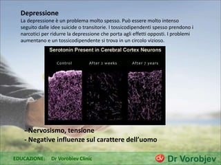 Depressione
La depressione è un problema molto spesso. Può essere molto intenso
seguito dalle idee suicide o transitorie. I tossicodipendenti spesso prendono i
narcotici per ridurre la depressione che porta agli effetti opposti. I problemi
aumentano e un tossicodipendente si trova in un circolo vizioso.
- Negative influenze sul carattere dell’uomo
- Nervosismo, tensione
EDUCAZIONE: Dr Vorobiev Clinic
 