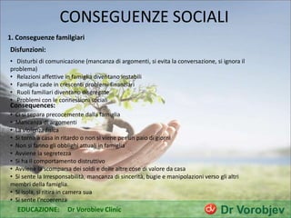 CONSEGUENZE SOCIALI
EDUCAZIONE: Dr Vorobiev Clinic
1. Conseguenze familgiari
• Disturbi di comunicazione (mancanza di argomenti, si evita la conversazione, si ignora il
problema)
• Relazioni affettive in famiglia diventano instabili
• Famiglia cade in crescenti problemi finanziari
• Ruoli familiari diventano disgregate
• Problemi con le connessioni sociali
• Ci si separa precocemente dalla famiglia
• Mancanza di argomenti
• La violenza fisica
• Si torna a casa in ritardo o non si viene per un paio di giorni
• Non si fanno gli obblighi attuali in famiglia
• Avviene la segretezza
• Si ha il comportamento distruttivo
• Avviene la scomparsa dei soldi e delle altre cose di valore da casa
• Si sente la Irresponsabilità, mancanza di sincerità, bugie e manipolazioni verso gli altri
membri della famiglia.
• Si isola, si ritira in camera sua
• Si sente l’ncoerenza
Disfunzioni:
Consequences:
 