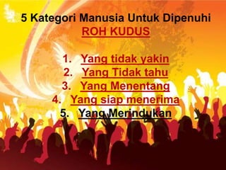 5 Kategori Manusia Untuk Dipenuhi
ROH KUDUS
1. Yang tidak yakin
2. Yang Tidak tahu
3. Yang Menentang
4. Yang siap menerima
5. Yang Merindukan
 