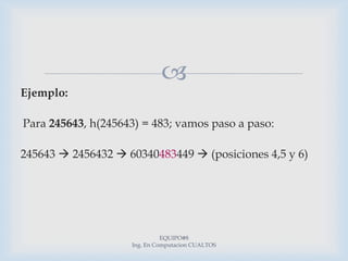     Ejemplo:Para 245643, h(245643) = 483; vamos paso a paso:    245643  2456432  60340483449  (posiciones 4,5 y 6)EQUIPO#8                                                            Ing. En Computacion CUALTOS