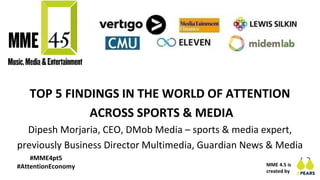 TOP 5 FINDINGS IN THE WORLD OF ATTENTION
ACROSS SPORTS & MEDIA
Dipesh Morjaria, CEO, DMob Media – sports & media expert,
previously Business Director Multimedia, Guardian News & Media
MME 4.5 is
created by
#MME4pt5
#AttentionEconomy
 