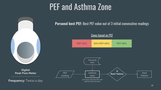 28
PEF and Asthma Zone
Personal best PEF: Best PEF value out of 3 initial consecutive readings
Digital
Peak Flow Meter
PEF...