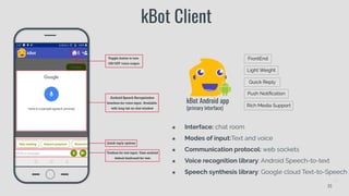 35
kBot Client
★ Interface: chat room
★ Modes of input:Text and voice
★ Communication protocol: web sockets
★ Voice recogn...