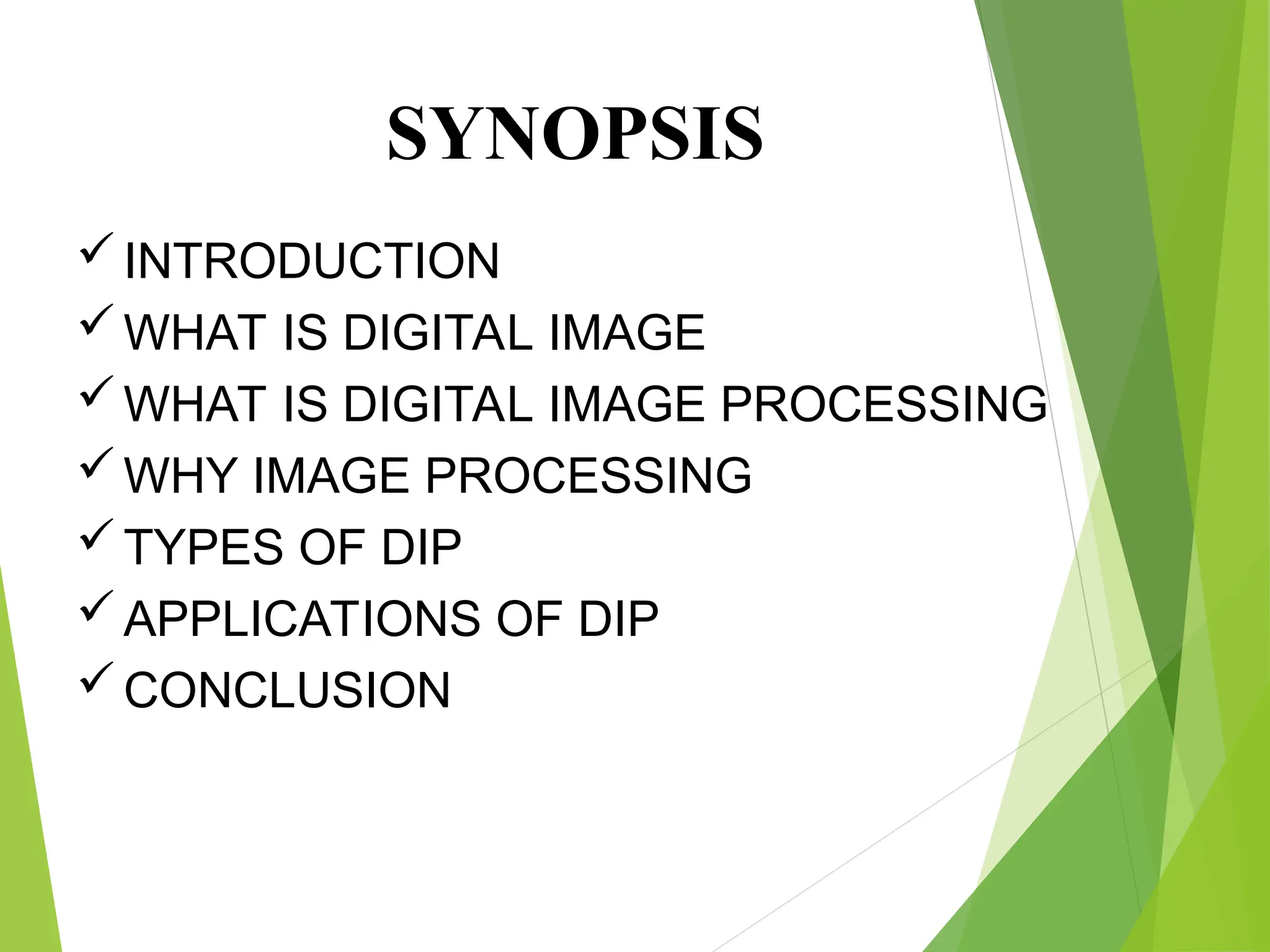 SYNOPSIS
INTRODUCTION
WHAT IS DIGITAL IMAGE
WHAT IS DIGITAL IMAGE PROCESSING
WHY IMAGE PROCESSING
TYPES OF DIP
APPLICATIONS OF DIP
CONCLUSION
 