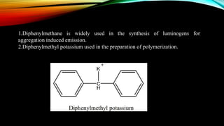 1.Diphenylmethane is widely used in the synthesis of luminogens for
aggregation induced emission.
2.Diphenylmethyl potassium used in the preparation of polymerization.