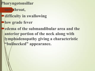 Pharyngotonsillar
sore throat,
difficulty in swallowing
low grade fever
edema of the submandibular area and the
anterior portion of the neck along with
lymphadenopathy giving a characteristic
“bullnecked” appearance.
 