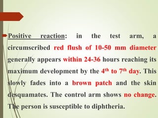 Positive reaction: in the test arm, a
circumscribed red flush of 10-50 mm diameter
generally appears within 24-36 hours reaching its
maximum development by the 4th to 7th day. This
slowly fades into a brown patch and the skin
desquamates. The control arm shows no change.
The person is susceptible to diphtheria.
 