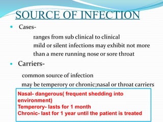 SOURCE OF INFECTION
 Cases-
ranges from sub clinical to clinical
mild or silent infections may exhibit not more
than a mere running nose or sore throat
 Carriers-
common source of infection
may be temperory or chronic;nasal or throat carriers
Nasal- dangerous( frequent shedding into
environment)
Temperory- lasts for 1 month
Chronic- last for 1 year until the patient is treated
 