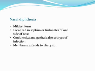 Nasal diphtheria
• Mildest form
• Localized in septum or turbinates of one
side of nose
• Conjunctiva and genitals also sources of
infection
• Membrane extends to pharynx.
 