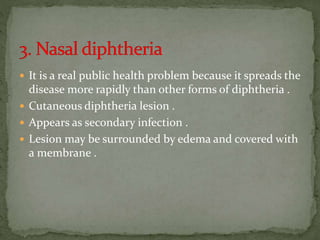  It is a real public health problem because it spreads the
disease more rapidly than other forms of diphtheria .
 Cutaneous diphtheria lesion .
 Appears as secondary infection .
 Lesion may be surrounded by edema and covered with
a membrane .
 