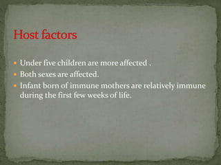  Under five children are more affected .
 Both sexes are affected.
 Infant born of immune mothers are relatively immune
during the first few weeks of life.
 