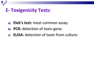 E- Toxigenicity Tests:
a) Elek’s test: most common assay.
b) PCR: detection of toxin gene.
c) ELISA: detection of toxin from culture.
 