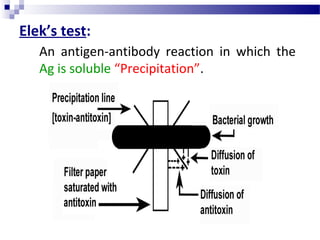 Elek’s test:
An antigen-antibody reaction in which the
Ag is soluble “Precipitation”.
 