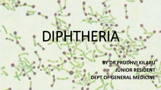 DIPHTHERIA
BY DR PRUDHVI KILARU
JUNIOR RESIDENT
DEPT OF GENERAL MEDICINE
 