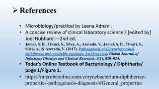 References
• Microbiology/practical by Leena Adnan .
• A concise review of clinical laboratory science / [edited by]
Joel Hubbard.—2nd ed.
• Jamal, S. B., Tiwari, S., Silva, A., Azevedo, V., Jamal, S. B., Tiwari, S.,
Silva, A., & Azevedo, V. (2017). Pathogenesis of Corynebacterium
diphtheriae and available vaccines: An Overview. Global Journal of
Infectious Diseases and Clinical Research, 3(1), 020–024.
• Todar's Online Textbook of Bacteriology / Diphtheria/
page 1/Figure 1.
• https://microbeonline.com/corynebacterium-diphtheriae-
properties-pathogenesis-diagnosis/#General_properties
 